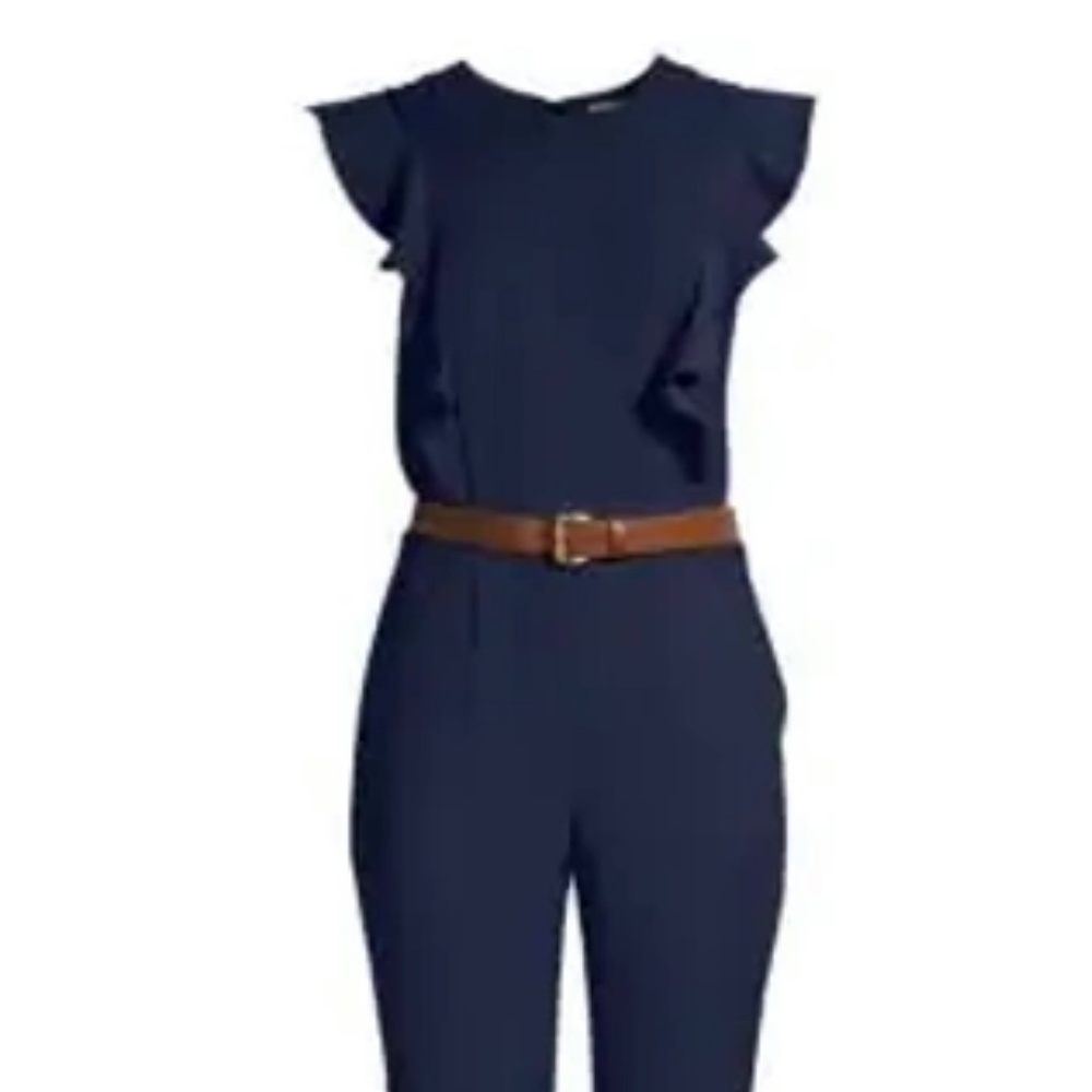 Michael Kors Women's True Navy Ruffled Belted Jumpsuit  XL
